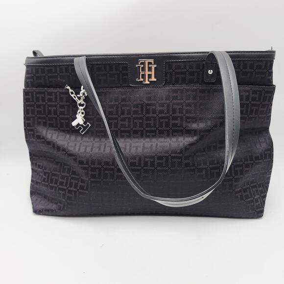 Tommy Hilfiger Large Handbag Preowned Black Logo Pattern - Picture 3 of 14